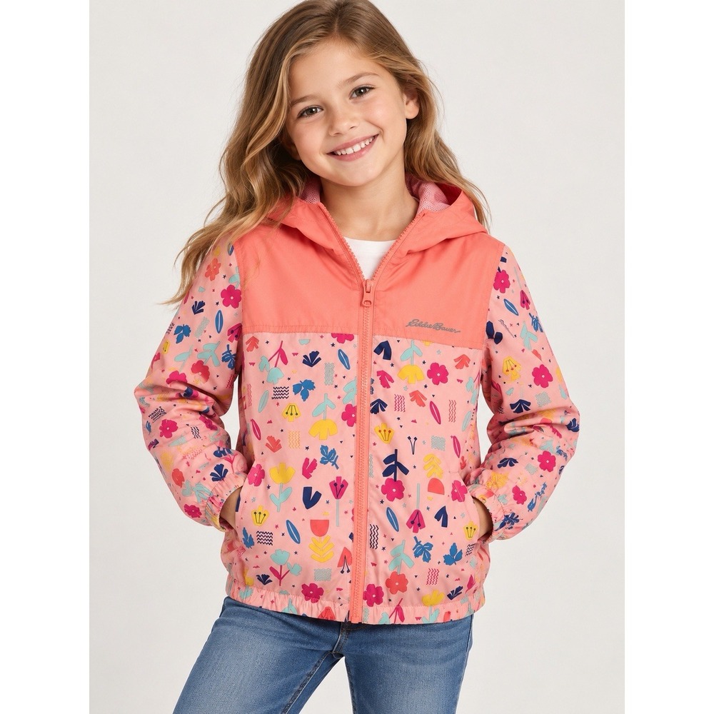 Eddie Bauer Kids Girls 7 Hooded Windbreaker Jacket Pink Floral Full Zip Pockets - Picture 2 of 12